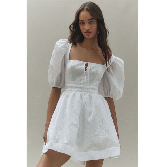BHLDN Chloe Puff Sleeve White Jacquard Mini Dress NWT Size Small - Picture 1 of 14
